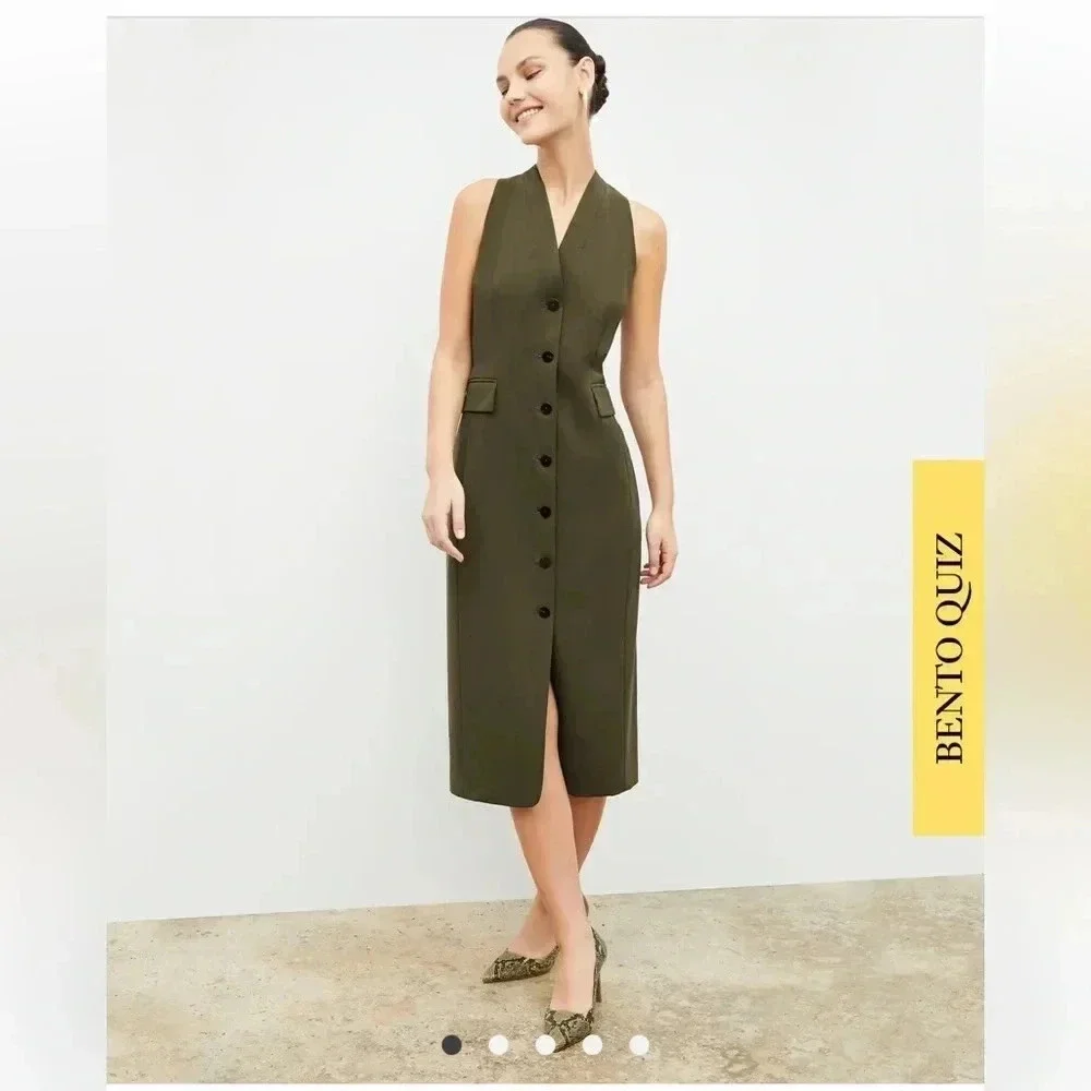MM Lafleur Olive Sleeveless V-Neck Button-Front Midi Dress
